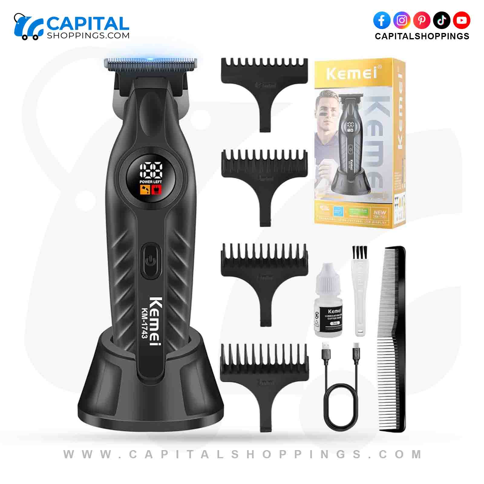 KEMEI 1743 Cortapelos profesional para hombres Kemei 1743 cordless hair clipper beard trimmer zero gap T blade USB rechargeable grooming tool with guide combs